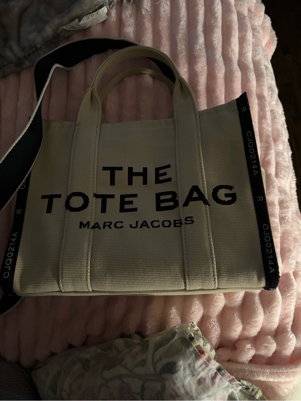Marc Jacobs Beige Canvas 'The Tote Bag' with Black Logo & Strap
